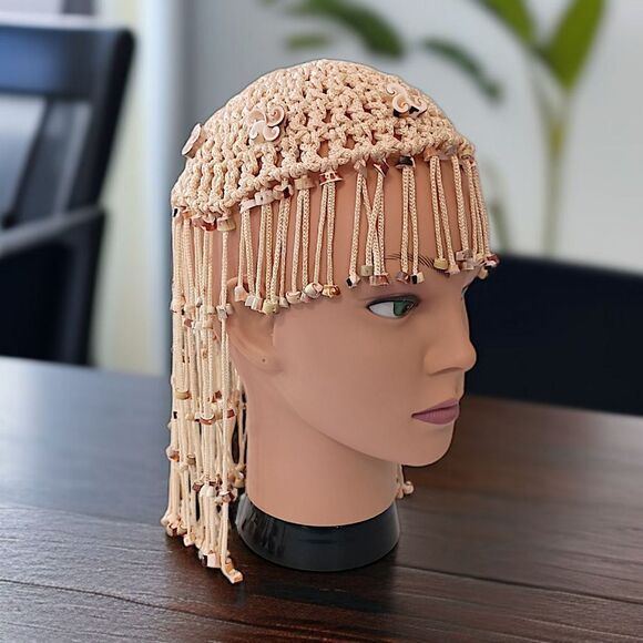 Vtg 70s Macrame Crown Headpiece Cowrie Shell Flapper Seashell Bohemian Cleopatra main image 11